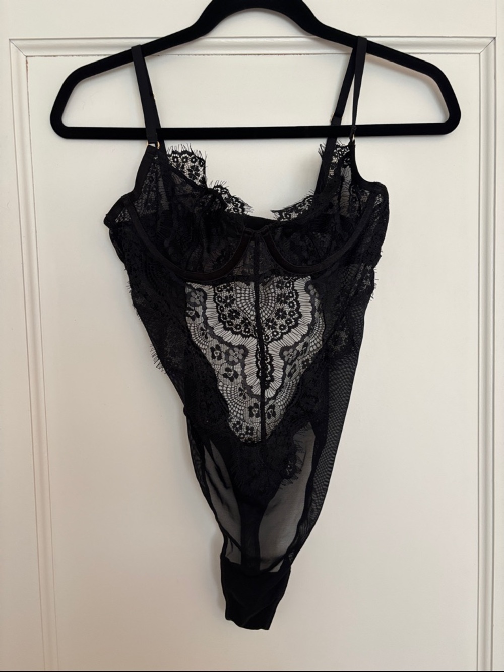Babaton Black Lace Bodysuit with Sheer Panels